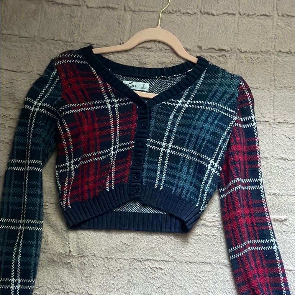 Hollister Plaid V-Neck Sweater - Red and Blue